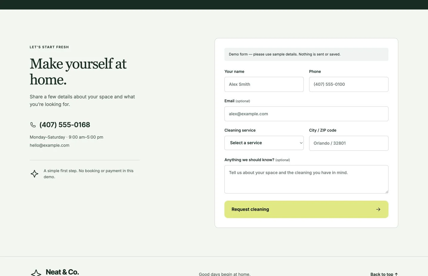 Neat & Co. cleaning inquiry form with contact details, cleaning service, city or ZIP code and an optional message