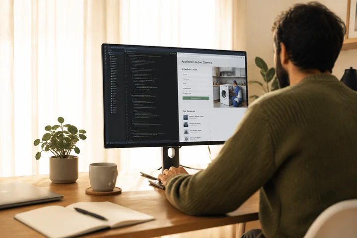 Illustrative development workspace with a laptop, notebook and natural light