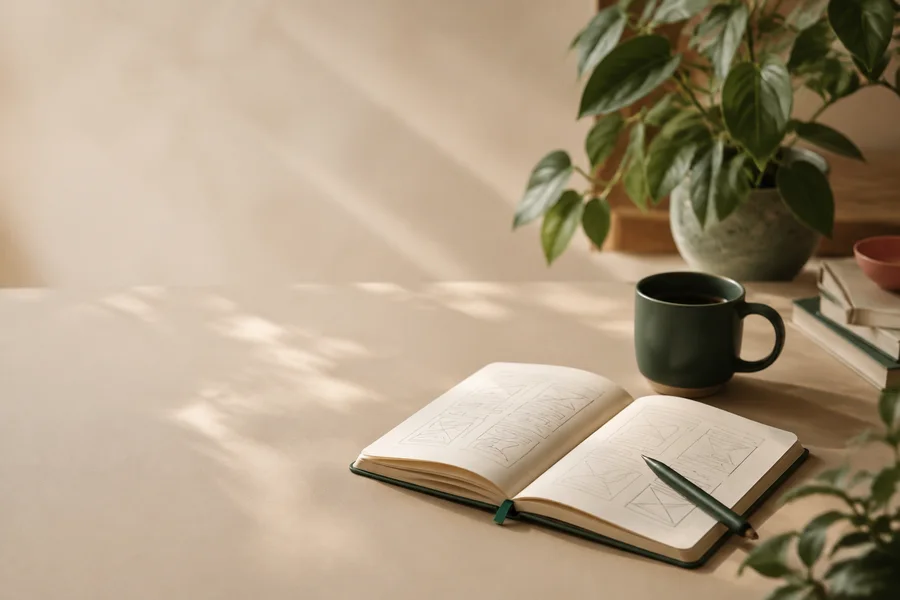 A notebook and coffee on a sunlit desk